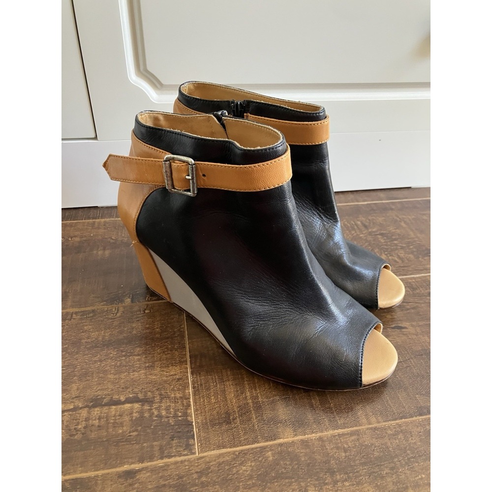 MM6 Maison Margiela Wedge Ankle Boots Womens EU 41 Black Tan Peep Toe Italy